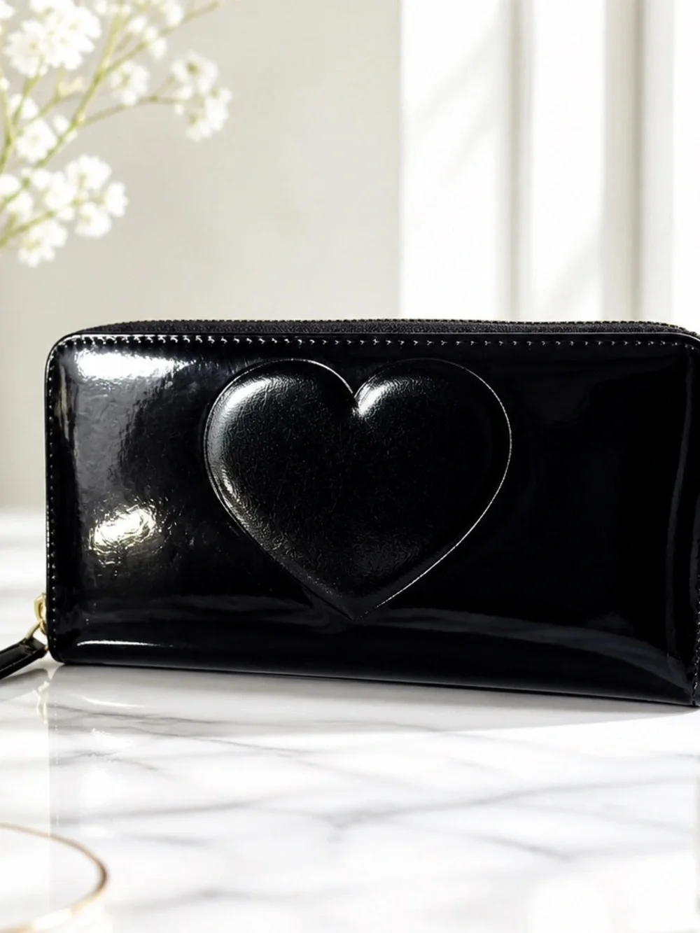 Betsey Johnson Black Patent Zip-Around Wallet with Gold Plate